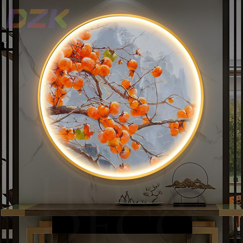 事事如意圆形装饰画新中式入户玄关挂画带灯LED发光客厅餐厅壁c9