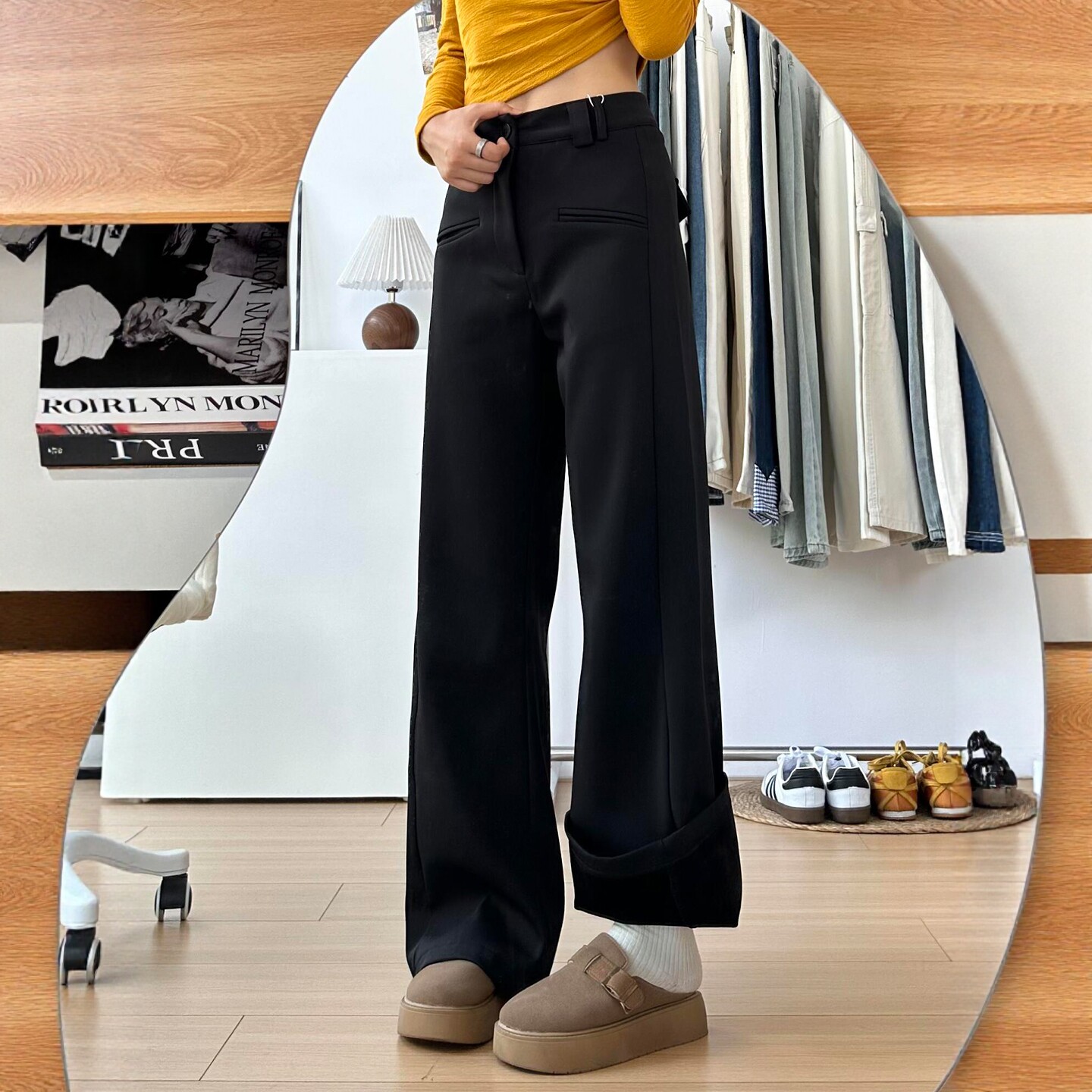 黑色西装裤女秋冬加绒加厚设计感胖妹妹mm高腰宽松显瘦休闲阔腿裤