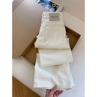 白色蕾丝边高腰阔腿窄版 女夏季 大码 牛仔裤 新款 宽松直筒高腰拖地裤