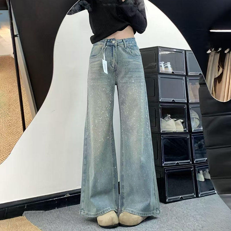 美式复古满天星烫钻直筒阔腿牛仔裤女高腰显瘦爆闪裤大码拖地裤子,女装/女士精品,牛仔裤,淘宝优惠券,粉丝福利购,淘宝优惠卷