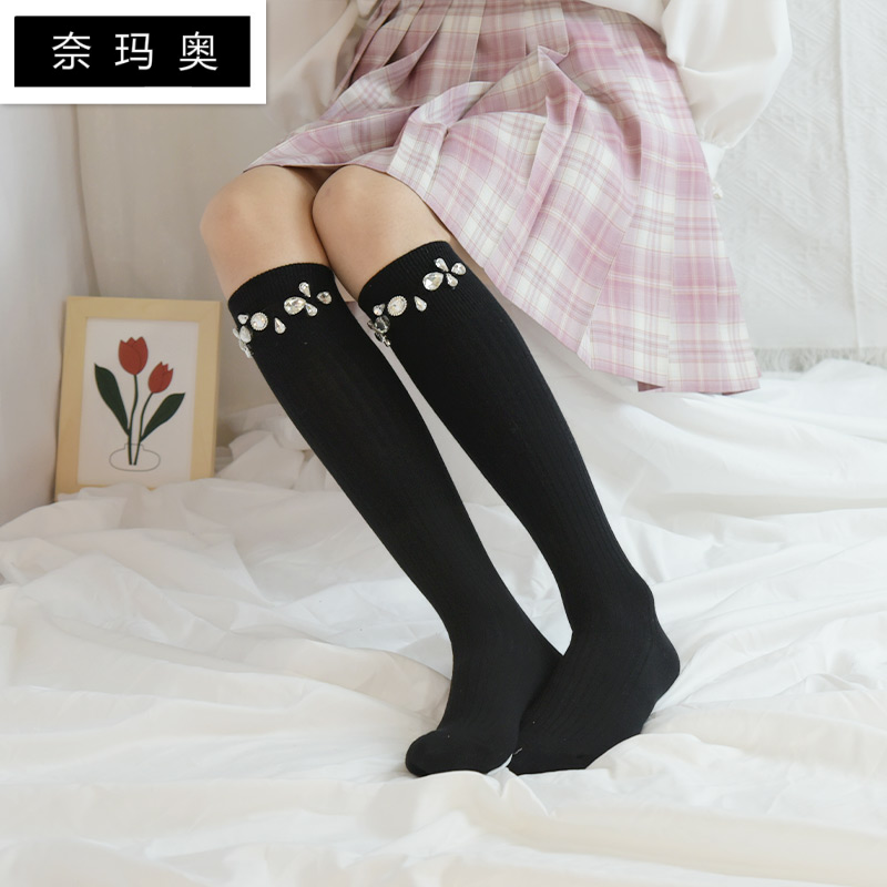 新款秋冬女JK白钻中筒袜bling闪钻显瘦小腿袜洛丽塔棉白色及膝袜