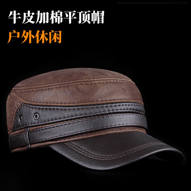 真皮中老年帽子冬季户外保暖休闲牛皮棒球帽内里加棉护耳平顶帽男