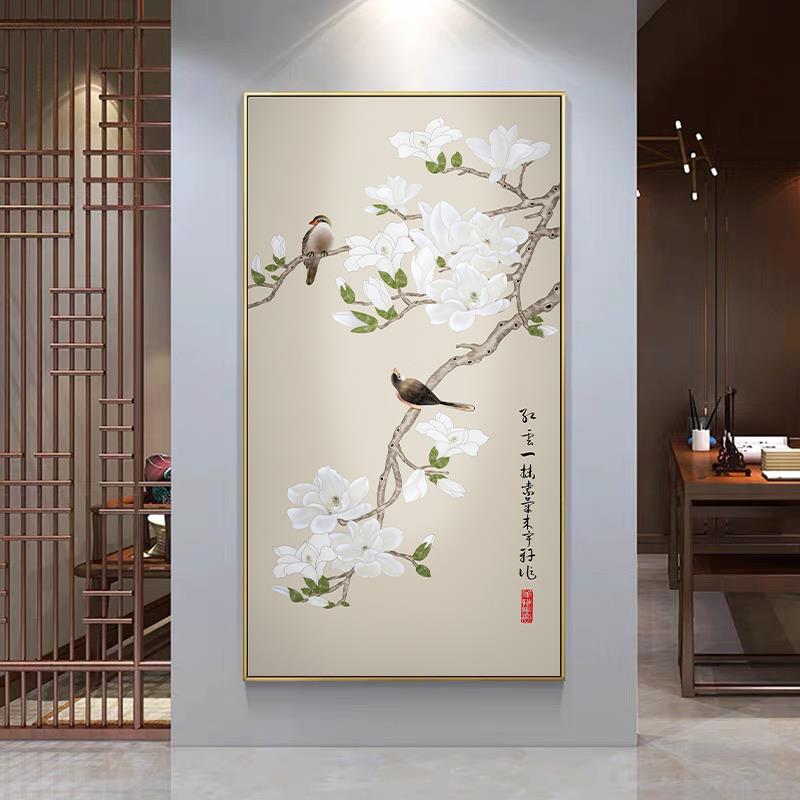 新中式花鸟工笔挂画入户玄关竖版背景墙装饰画中国风书房茶室壁画