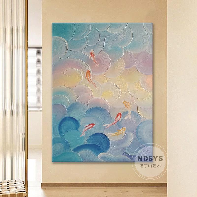 奶油风立体鱼手绘油画年年有鱼肌理客厅装饰画好寓意入户玄关挂画图片