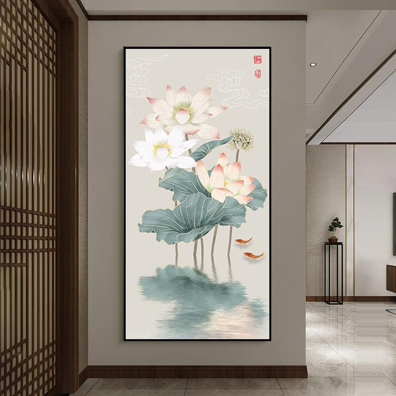 新中式进门玄关装饰画游鱼戏荷客厅落地画走廊尽头过道楼梯间挂画