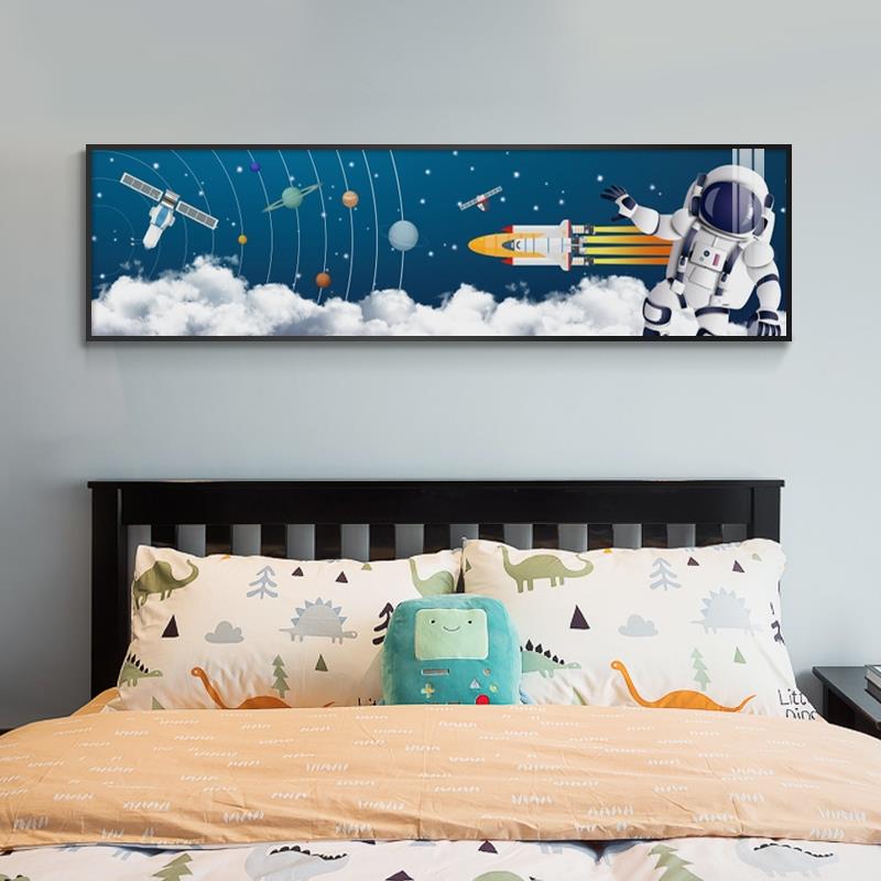 宇航员儿童房装饰画卧室挂画太空男孩床头画横版现代简约晶瓷壁画图片