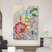 彩色卡通花卉手绘油画莫兰迪系撞色儿童房客厅玄关小众艺术装 饰画