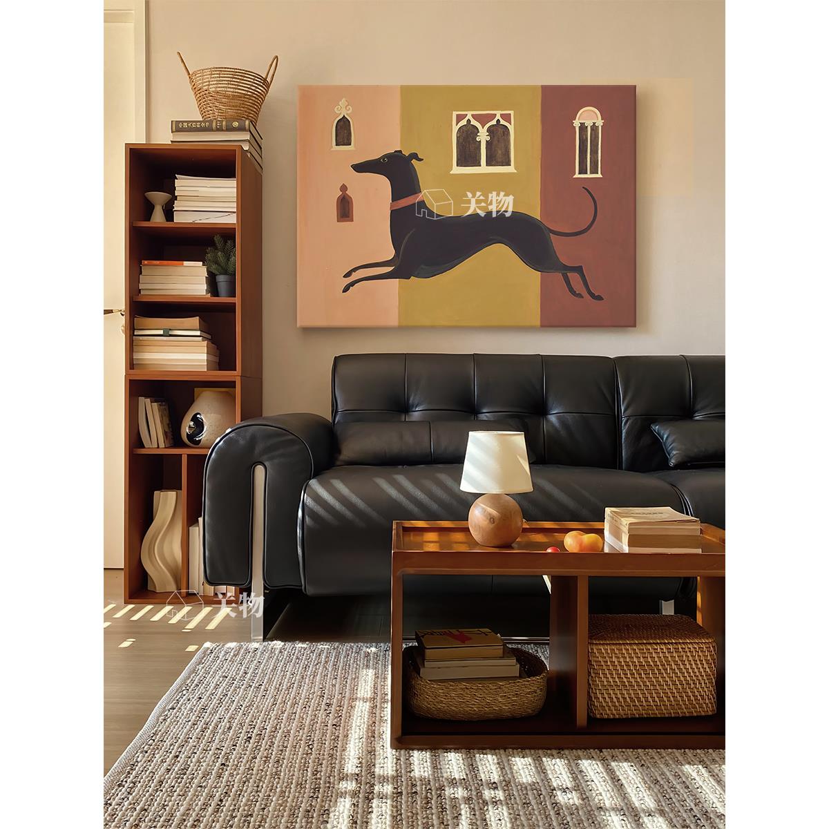 抽象卡通杜宾犬纯手绘油画客厅装饰画创意潮流小狗餐厅儿童房挂画