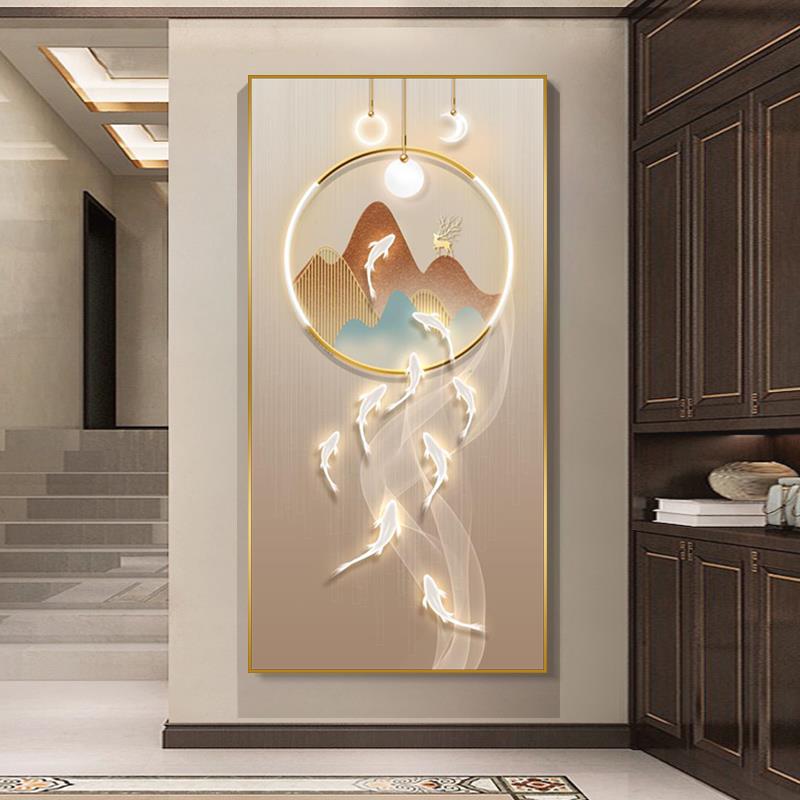 新中式入户玄关装饰画九鱼呈祥轻奢客厅走廊尽头过道楼梯间挂画图片