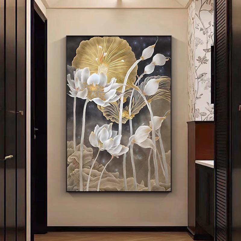 现代轻奢艺术装饰画中古风客厅沙发背景墙落地画荷花荷叶高档挂画图片
