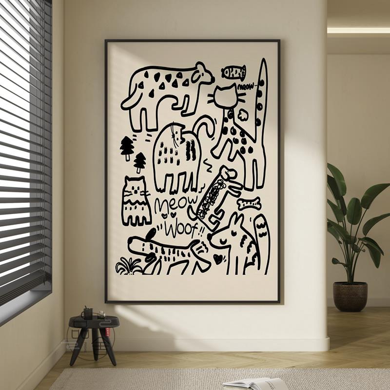 抽象线条玄关过道挂画可爱动物客厅装饰画现代简约儿童房卧室壁画图片