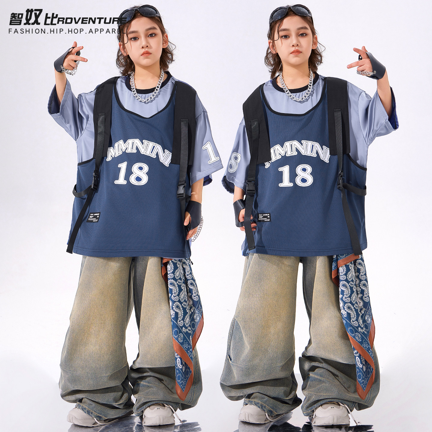 街舞儿童潮服嘻哈宽松短袖男童架子鼓演出服潮酷hiphop女童表演服