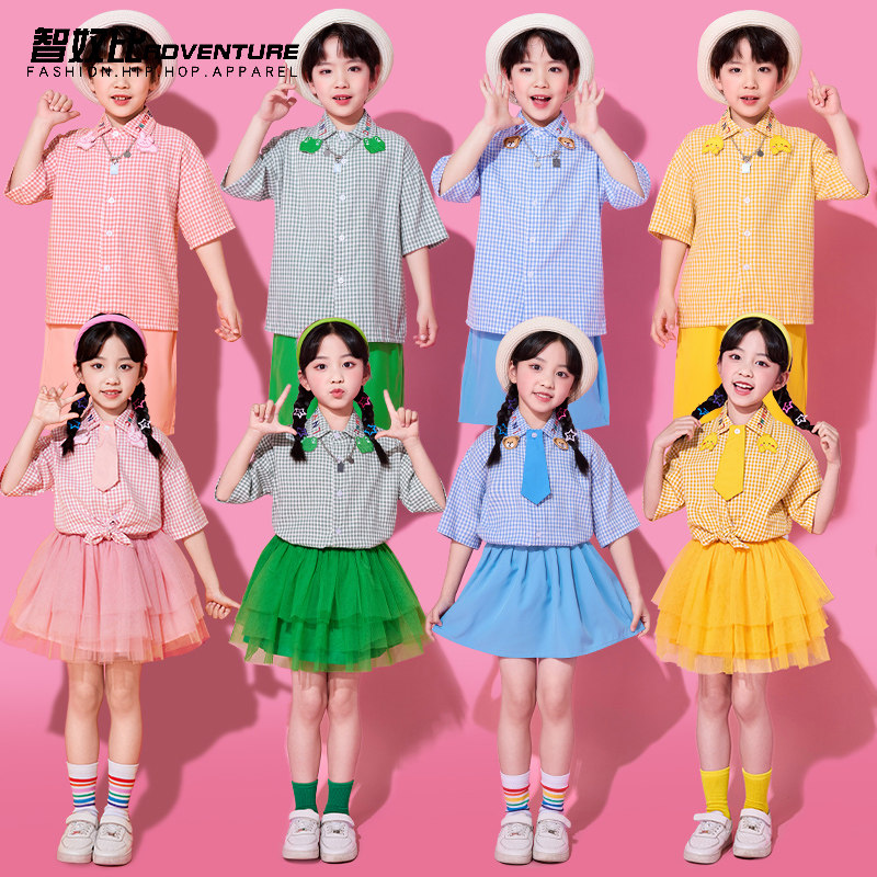 小学生运动会服装六一儿童节啦啦队演出服格子衬衫短袖班服开幕式
