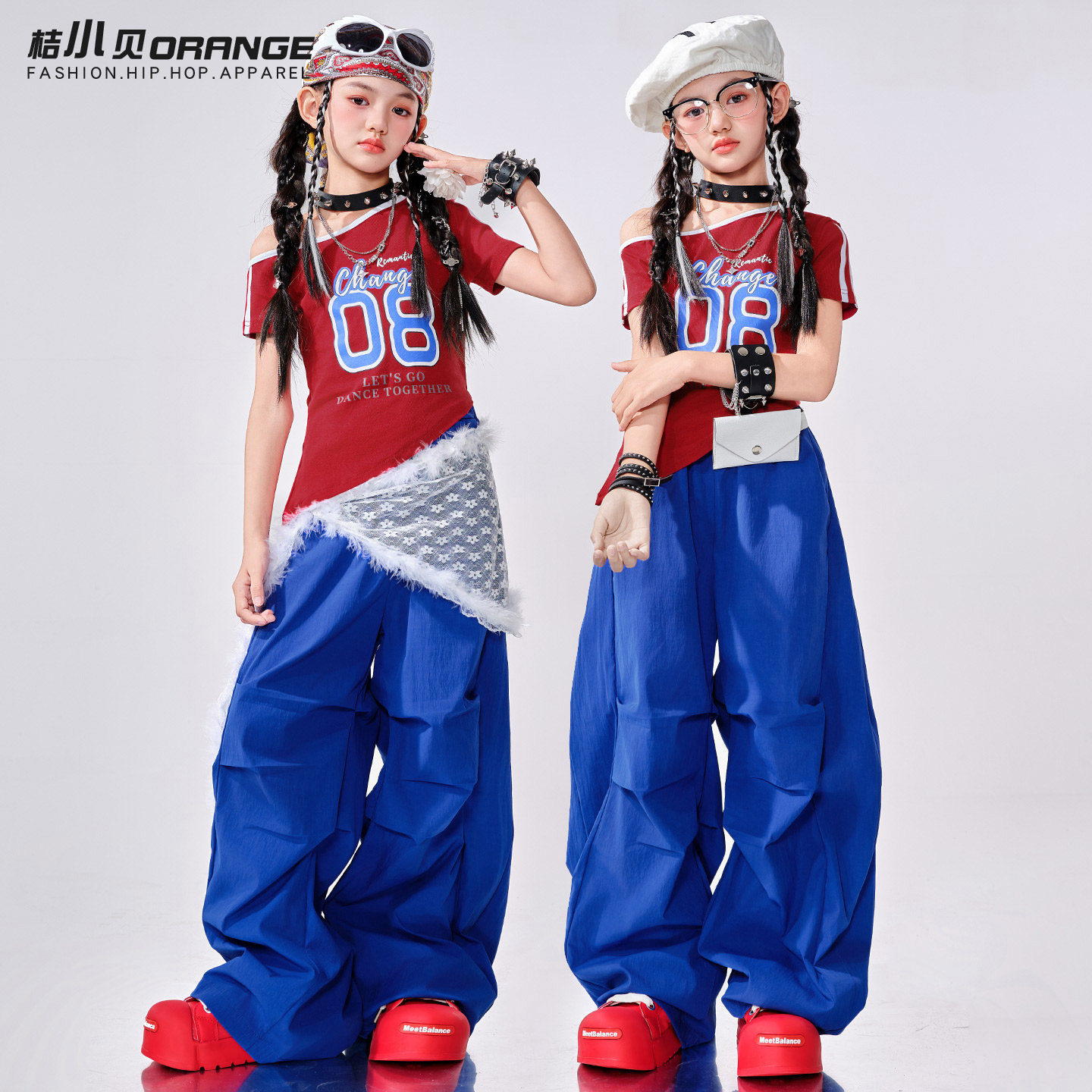 女童爵士舞服装潮酷时髦红色短袖jazz女团儿童街舞套装舞蹈表演服