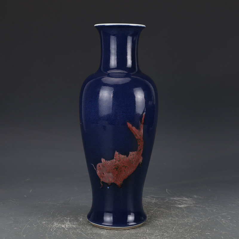 大清康熙洒蓝釉釉里红鱼纹观音瓶包老瓷器旧货老货古董古玩收藏