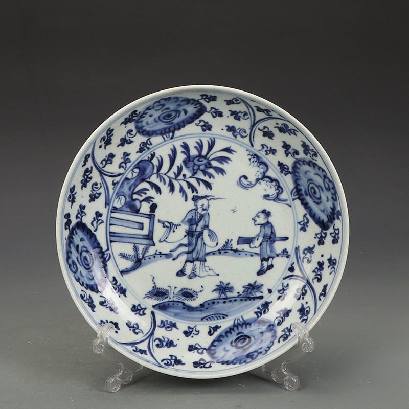 晚清青花瓷器人物图盘古董古玩明清老瓷器旧货老货收藏摆件