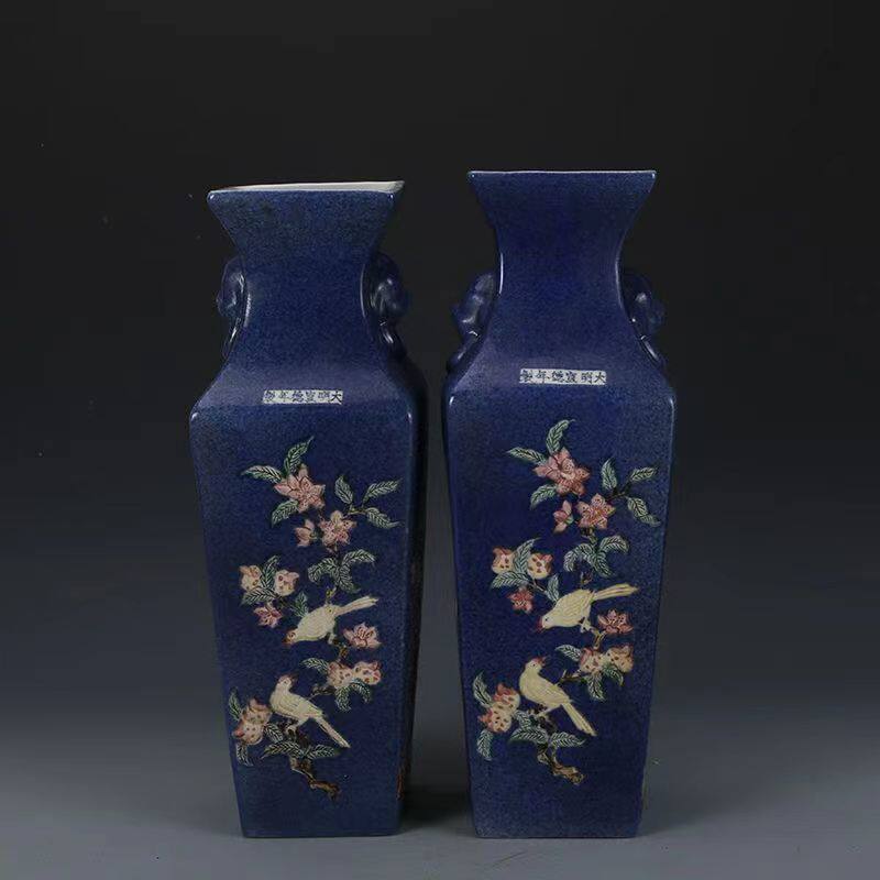 明宣德瓷器雪花蓝花鸟纹瓶一对古董古玩明清老瓷器旧货老货收藏