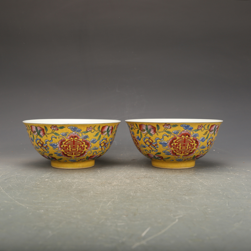 清康熙瓷器珐琅彩寿桃纹碗一对古董古玩明清老瓷器旧货老货收藏