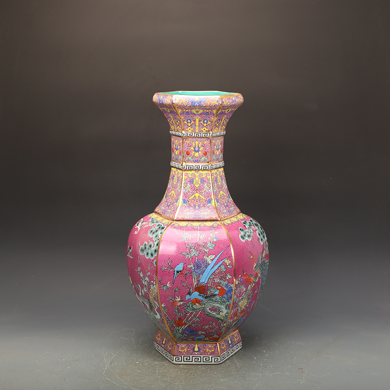 乾隆御制红地粉彩花鸟六方瓶 古董古玩景德镇仿古瓷器收藏品