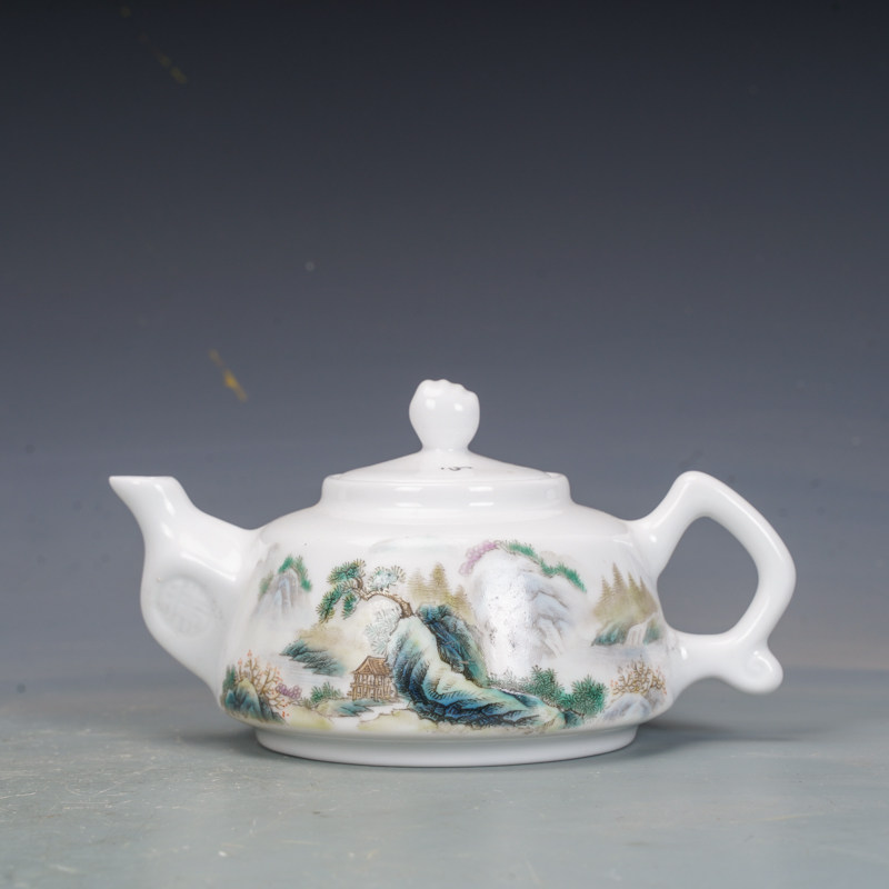 十大瓷厂景德镇艺术瓷厂粉彩山水执壶茶壶仿古瓷器古董古玩收藏