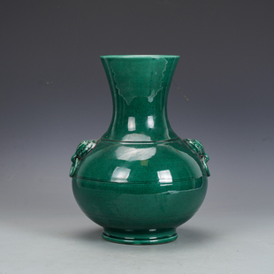 清乾隆瓷器绿釉兽耳瓶古董古玩明清老瓷器旧货老货收藏花瓶摆件