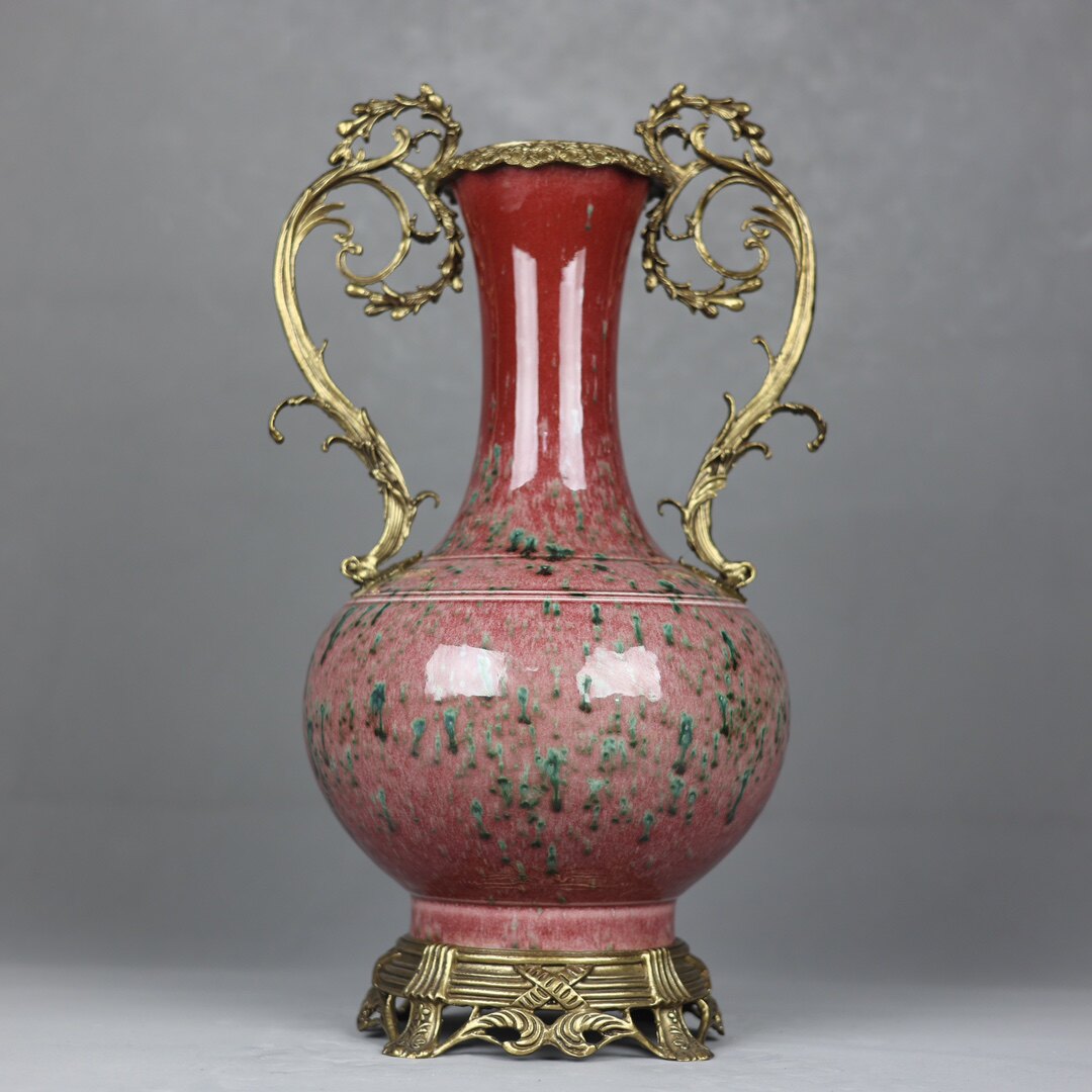 海外回流缸豆红窑变美人醉镶铜花边双耳赏瓶古董古玩瓷器保真老货