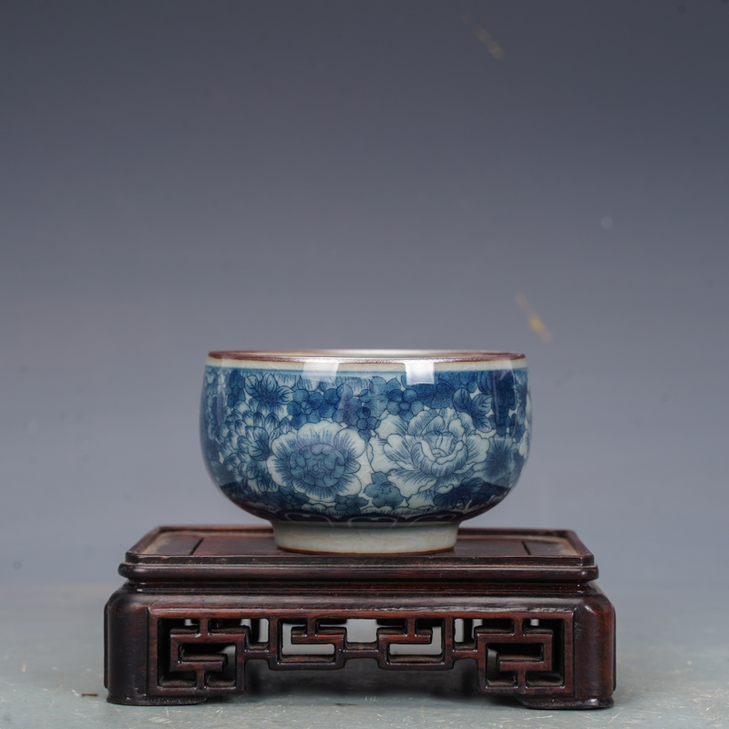 景德镇仿古老陶泥青花荷花纹主人杯品茗杯茶杯古董古玩旧货收藏