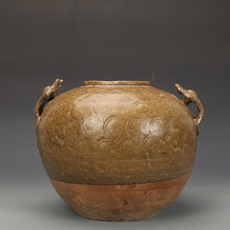 老窑酱色釉铜钱纹双耳罐古董古玩包老瓷器旧货老货收藏摆件