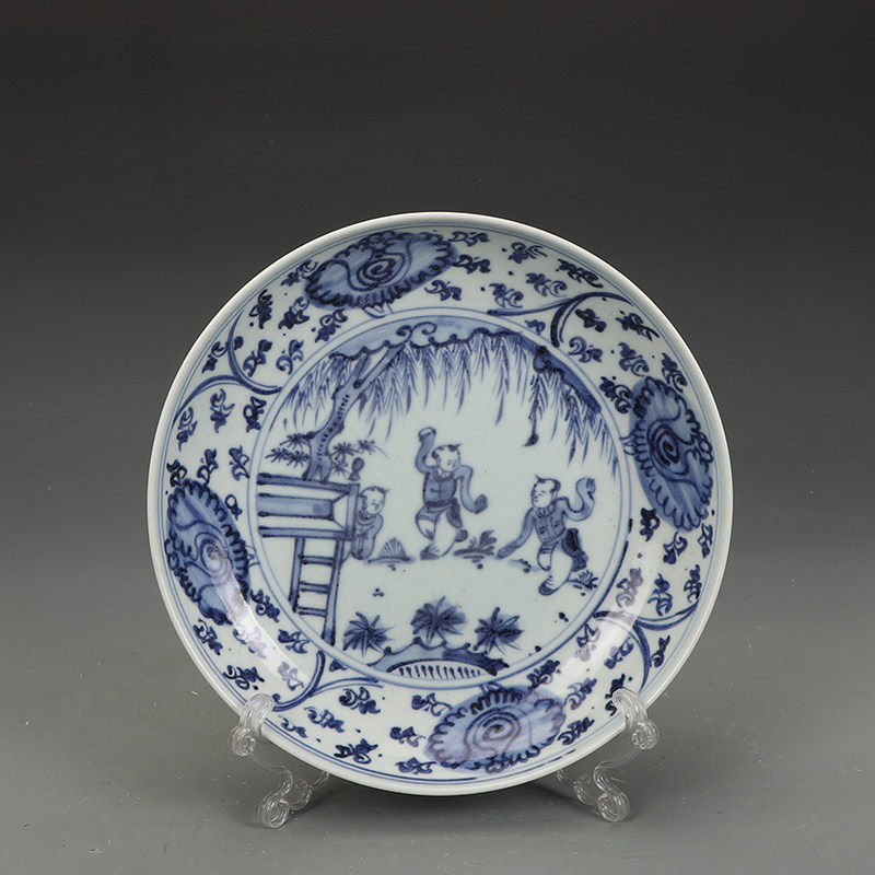 晚清青花瓷器婴戏图盘古董古玩明清老瓷器旧货老货收藏摆件
