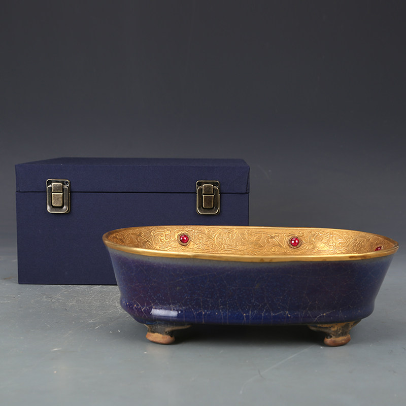 宋瓷收藏钧窑蓝釉紫斑镶嵌宝石水仙盆古董古玩宋代老瓷器收藏