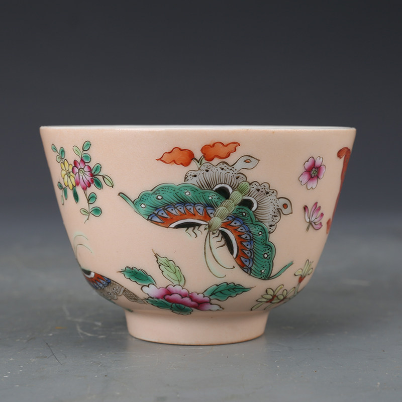 大清光绪粉彩花卉蝴蝶纹杯 仿古瓷器古董古玩老货收藏