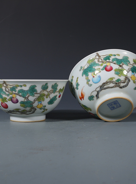 大清雍正珐琅彩福寿纹碗一对古董古玩收藏品保真包老瓷器老货摆件