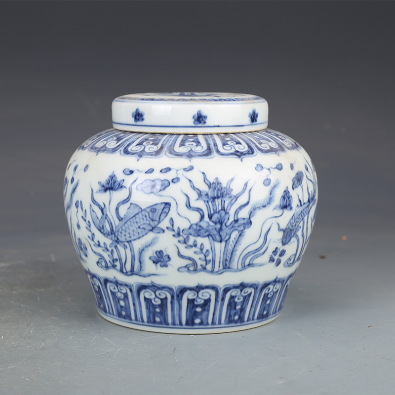 明成化瓷器青花鱼藻纹天字罐古董古玩明清老瓷器旧货老货收藏