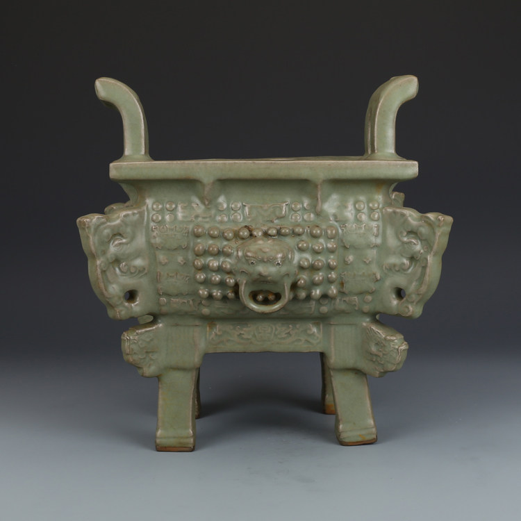 宋官窑青釉四方鼎古董古玩收藏品仿古瓷器老物件瓷器老货摆件