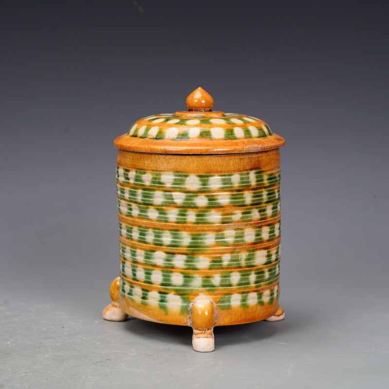 辽三彩瓷器三足盖罐古董古玩旧货老货收藏陶瓷摆件