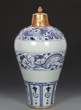 元青花鎏金龙凤带盖纹梅瓶古董古玩收藏品包老保真瓷器手工摆件