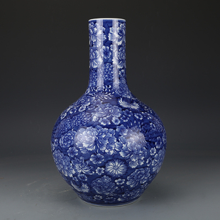 清乾隆瓷器青花万花天球瓶景德镇仿古瓷器古董古玩收藏品陶瓷花瓶