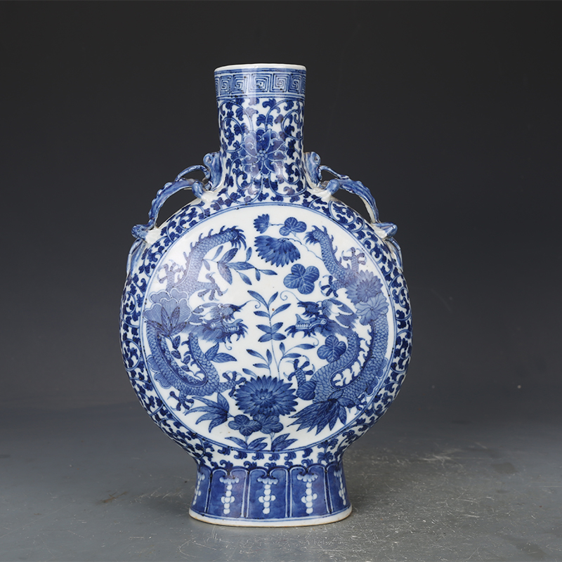 清康熙瓷器青花缠枝龙纹扁瓶仿古瓷器古董古玩青花瓷老物件收藏品