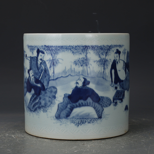 大清康熙年制青花竹林七贤笔筒 包老瓷器 旧货老货 收藏品