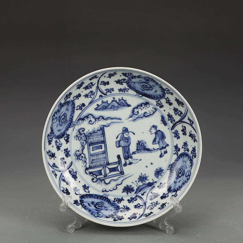 晚清青花瓷器人物图盘古董古玩明清老瓷器旧货老货收藏摆件