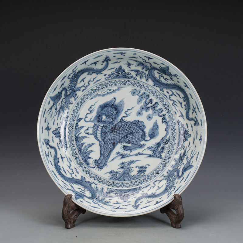明空白期瓷器青花麒麟瑞兽纹盘古董古玩明清老瓷器旧货老货收藏
