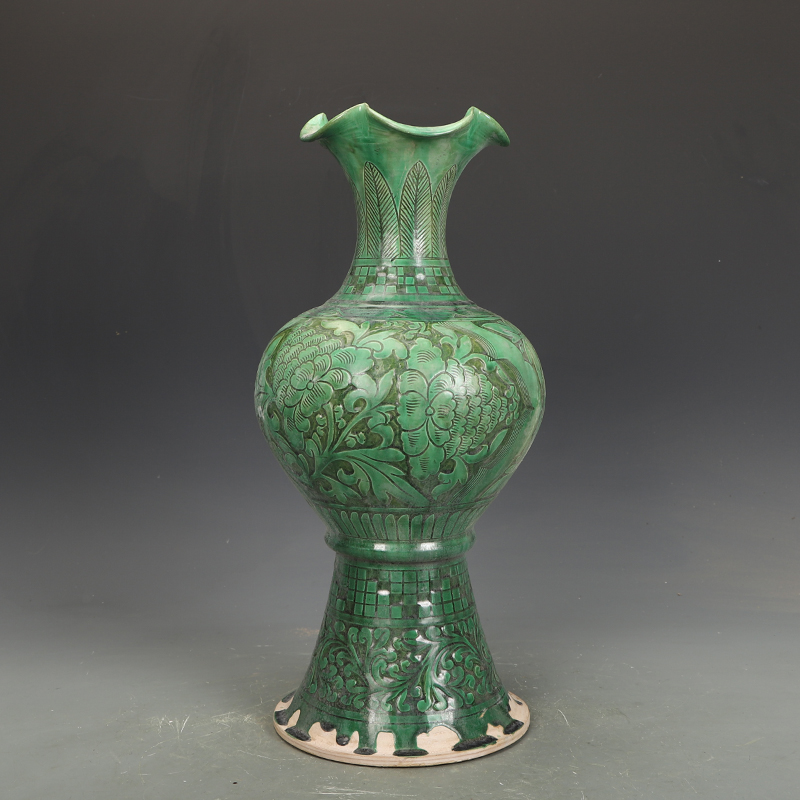 宋瓷收藏磁州窑绿釉花卉兔纹花口瓶包老瓷器古董古玩旧货老货收藏