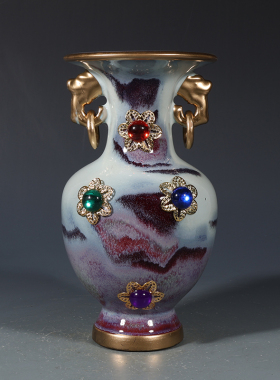 海外回流宋钧窑窑变描金镶宝石象耳瓶古董古玩收藏品包老老货瓷器