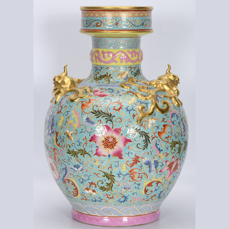 清乾隆瓷器珐琅彩景泰蓝描金独角兽瓶古董古玩明清老瓷器收藏真品