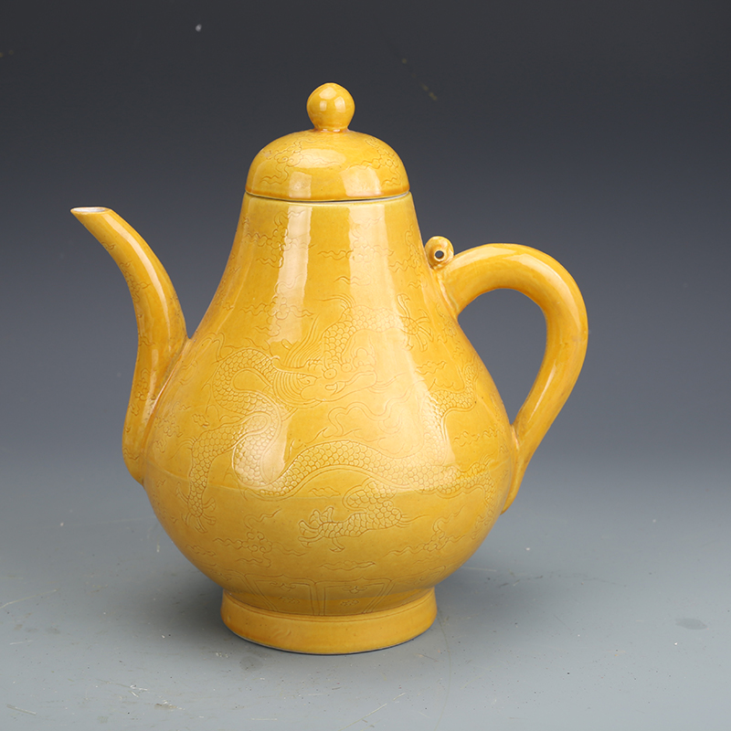 明弘治瓷器焦黄釉龙纹执壶茶壶古董古玩明清老瓷器收藏摆件