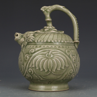 宋耀州窑青釉提梁壶古董古玩收藏品复古瓷器老物件窖藏瓷器摆件