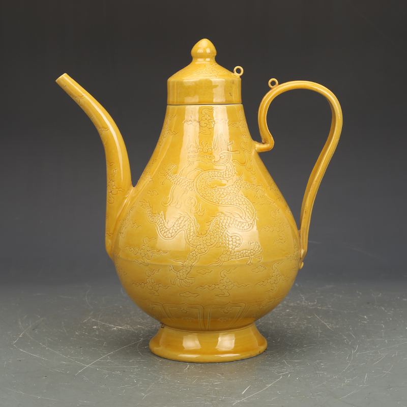 大明弘治焦黄釉刻龙纹壶仿古瓷器古董古玩老物件包老保真收藏品