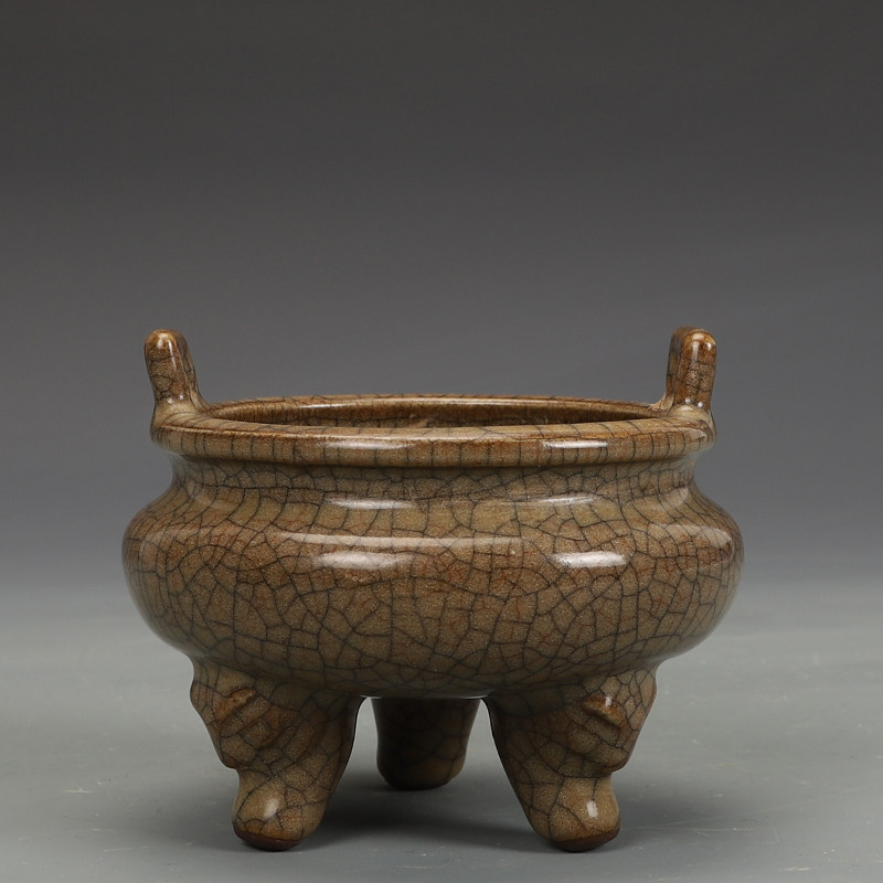 宋瓷收藏官窑金丝铁线双耳三足香炉古董古玩旧货老货收藏