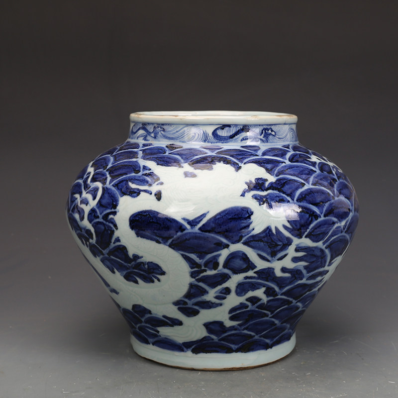 元青花瓷器留白龙纹大罐古董古玩旧货老货收藏摆件