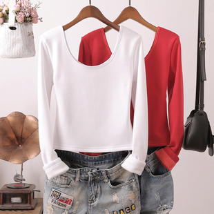 秋冬小个子短款加绒加厚低领打底衫紧身显瘦白色内搭长袖t恤齐腰